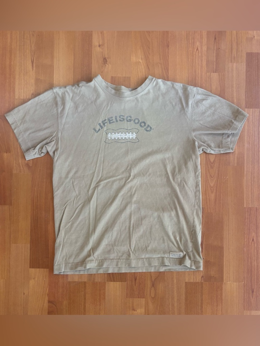 Life Is Good Football Graphic Tee Tan/Beige Distressed Logo Short Sleeve Size S